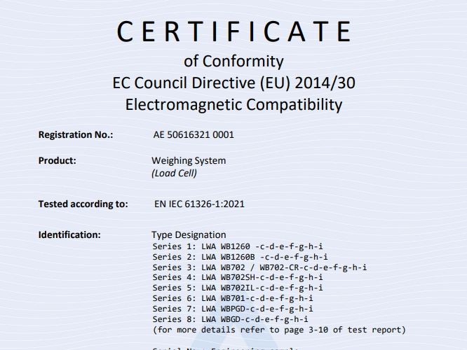 WEBOWT繼OIML之后又獲得稱重傳感器系列CE證書