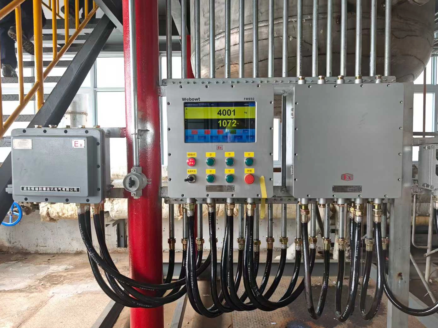 FW650隔爆仪表+WB702称重模块，在药企现场应用，以称重为基础实现自动进料、出料、泵启停、互锁、称重数据管理等功能